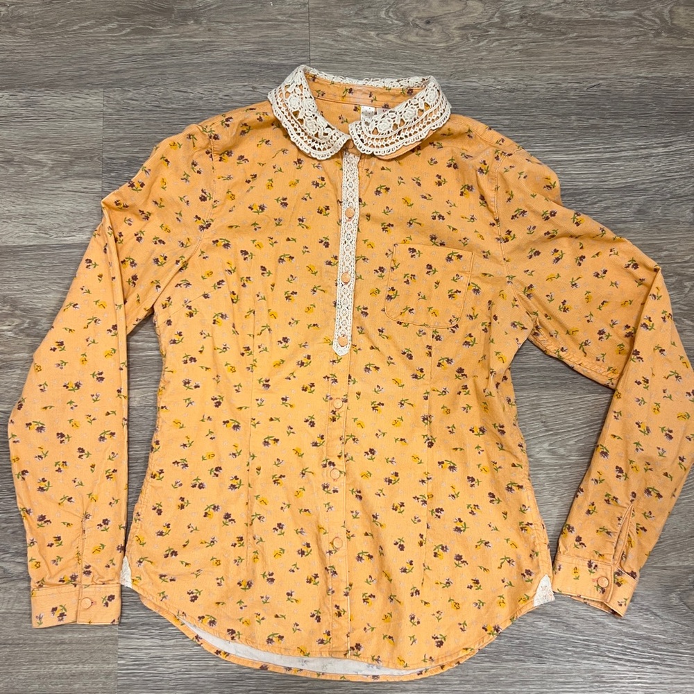 Floral Orange Blouse with Lace Collar